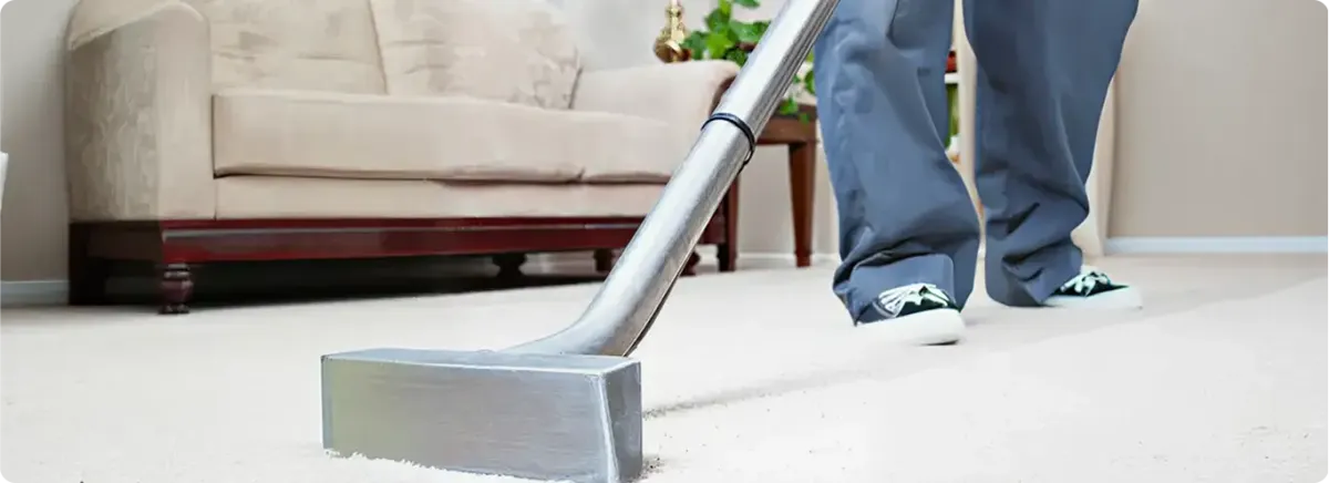 Carpet cleaning technician using a hot-water extraction wand on a light-colored carpet in a living room, Atlanta, GA.